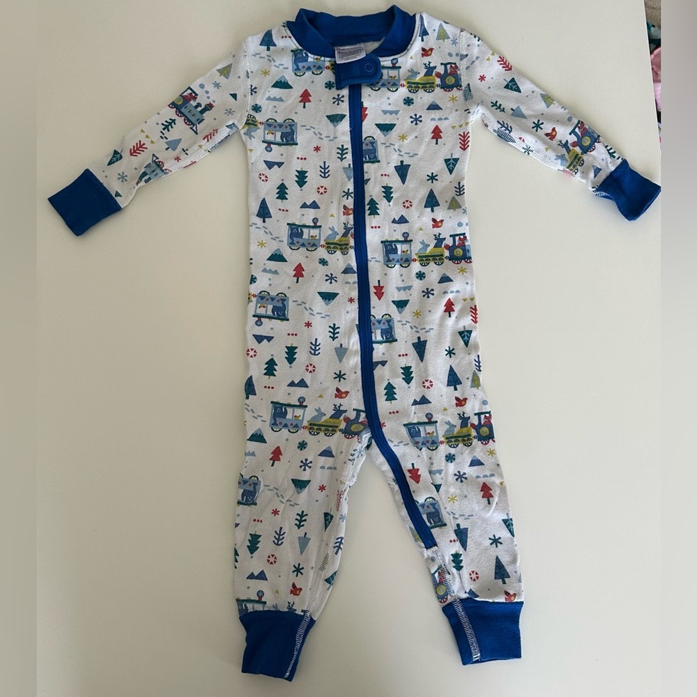 Hanna Andersson zip sleeper pajamas pjs 75 cm 12-18 month Train winter holiday.